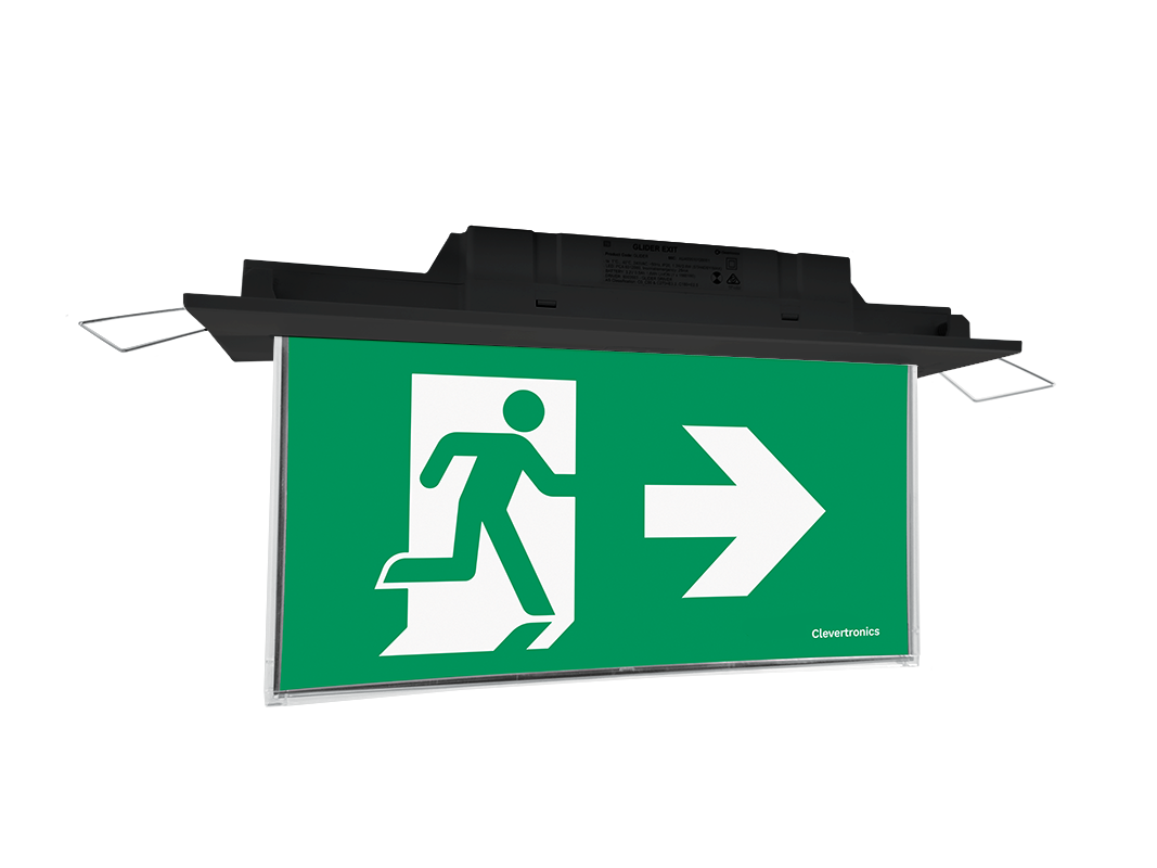 Glider Exit, Recessed Ceiling Mount, CLP, All Pictograms, Single or Double Sided, Black